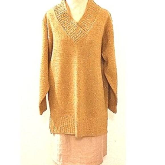Diane Von Furstenberg DVF Gold Sweater SPARKLES Metallic Long Sleeves Oversized - Picture 3 of 16